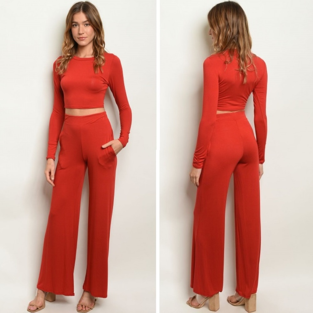 Cropped Top & High Waist Pants Set | Brick Orange